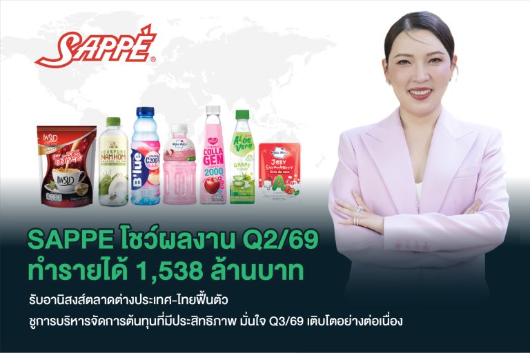 SAPPE โชว์ผลงาน Q2/69 ทำรายได้ 1,538 ล้านบาท รับอานิสงส์ตลาดต่างประเทศ-ไทยฟื้นตัว ชูการบริหารจัดการต้นทุนที่มีประสิทธิภาพ มั่นใจ Q3/69 เติบโตอย่างต่อเนื่อง